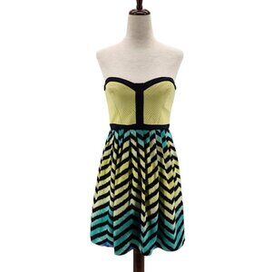 Parker Silk Striped Strapless Yellow Green Blue Mini Dress Womens XS